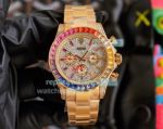 High Replica Rolex Daytona Watch Diamonds Face Yellow Gold strap Rainbow Bezel 43mm